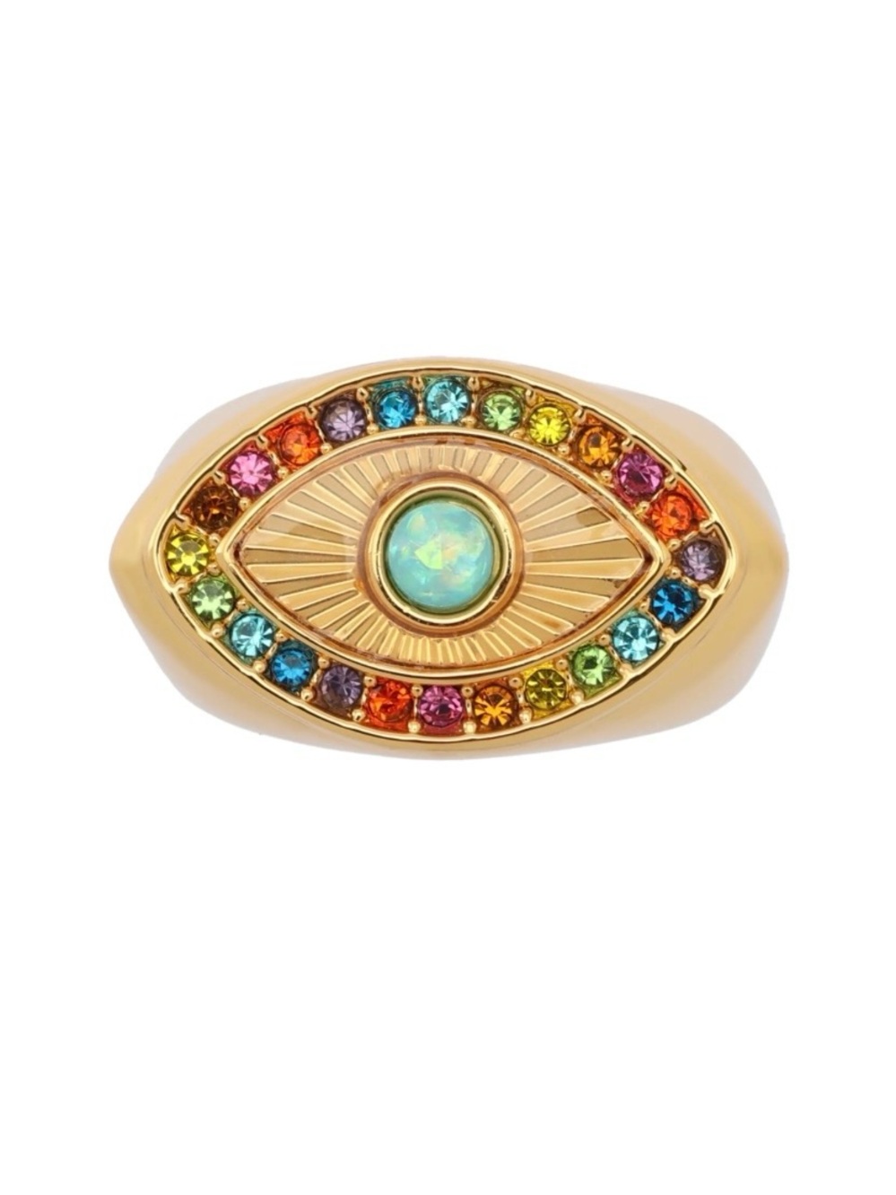 NEW Kurt Geiger London Gold tone Rainbow Multicolor Crystal Eye Ring Sz. 8 - Picture 3 of 10